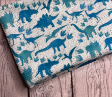 Load image into Gallery viewer, Pre-Order Blue Speckled Dinosaurs Animals Boy Print Bullet, DBP, Rib Knit, Cotton Lycra + other fabrics