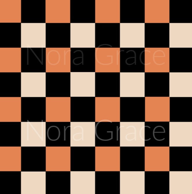 Pre-Order Peachy and Black Checkered Shapes Bullet, DBP, Rib Knit, Cotton Lycra + other fabrics