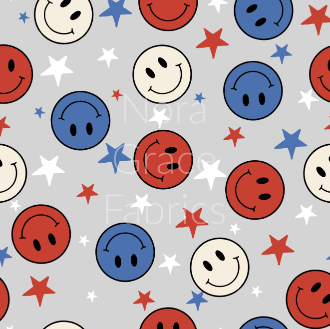Pre-Order Fourth of July Stars & Smily Face Bullet, DBP, Rib Knit, Cotton Lycra + other fabrics