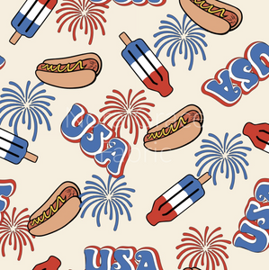 Pre-Order Fourth of July USA Themed Print Food Bullet, DBP, Rib Knit, Cotton Lycra + other fabrics