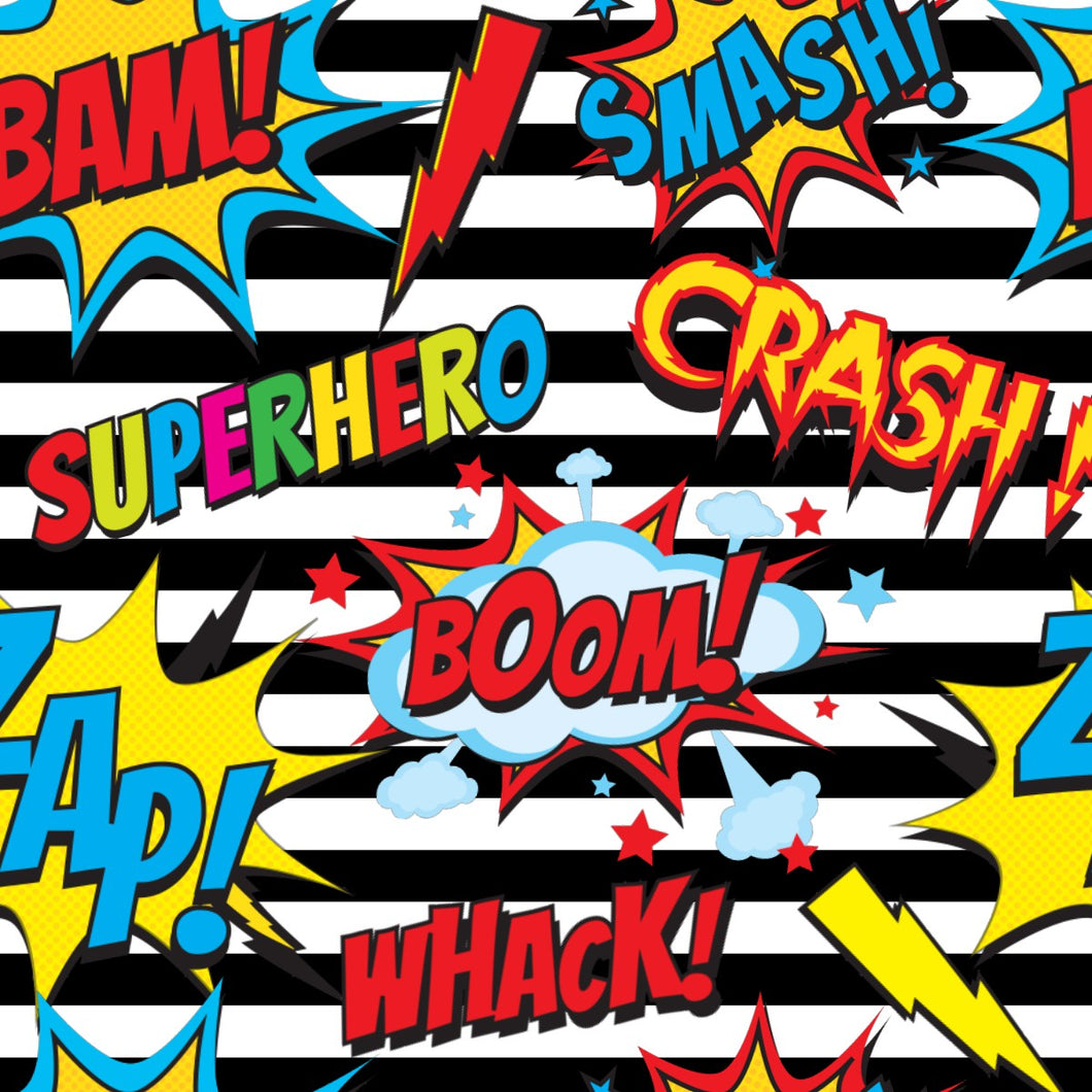 Pre-Order Striped Superhero Words Boys Print Bullet, DBP, Rib Knit, Cotton Lycra + other fabrics