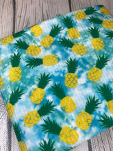 Load image into Gallery viewer, Pre-Order Bullet, DBP, Velvet and Rib Knit fabric Blue Paint Splat Pineapples Food makes great bows, head wraps, bummies, and more.