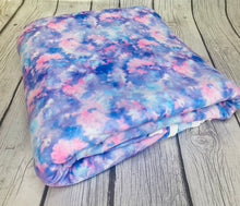 Load image into Gallery viewer, Pre-Order Bullet, DBP, Velvet and Rib Knit fabric Blue Pink Purple Pastel Paint Splat makes great bows, head wraps, bummies, and more.