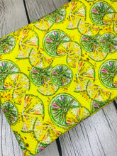 Load image into Gallery viewer, Pre-Cut Bullet Fabric Strips Summer Lemon Slices Food for headwraps, bows on nylons or clips 5.5-6x60