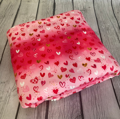 Pre-Order Bullet, DBP, Velvet and Rib Knit fabric Pink & Red w/Faux Gold Valentine Hearts Shapes makes great bows, head wraps, bummies, and more.
