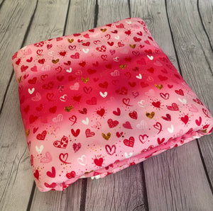 Pre-Order Bullet, DBP, Velvet and Rib Knit fabric Pink & Red w/Faux Gold Valentine Hearts Shapes makes great bows, head wraps, bummies, and more.