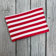 Load image into Gallery viewer, Pre-Order Bullet, DBP, Velvet and Rib Knit fabric Fourth of July Red and White Striped Shapes makes great bows, head wraps, bummies, and more.