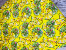 Load image into Gallery viewer, Pre-Order Bullet, DBP, Velvet and Rib Knit fabric Summer Lemon Slices Food makes great bows, head wraps, bummies, and more.