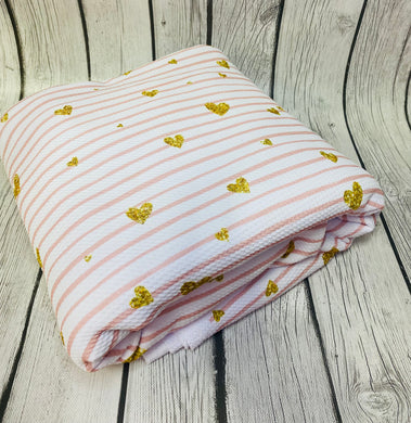 Pre-Order Pink Stripes Gold Heart Valentine Shapes Bullet, DBP, Rib Knit, Cotton Lycra + other fabrics