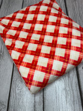 Load image into Gallery viewer, Ready to Ship Velvet Christmas Red Tan Plaid Shapes makes great bows, head wraps, bummies, and more.