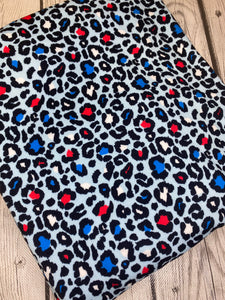Pre-Order Light Blue Fourth of July Cheetah Animals Bullet, DBP, Rib Knit, Cotton Lycra + other fabrics