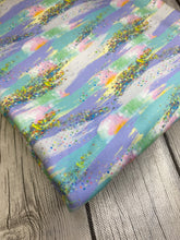 Load image into Gallery viewer, Ready to Ship DBP Fabric Mermaid Pastel Brushstrokes w/Faux Glitter Girl Print makes great bows, head wraps, bummies, and more.