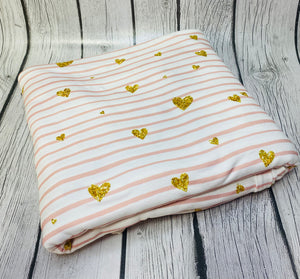 Pre-Order Pink Stripes Gold Heart Valentine Shapes Bullet, DBP, Rib Knit, Cotton Lycra + other fabrics