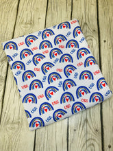 Load image into Gallery viewer, Ready to Ship Bullet Rainbow Fourth of July Seasons makes great bows, head wraps, bummies