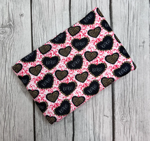 Load image into Gallery viewer, Pre-Order Bullet, DBP, Velvet and Rib Knit fabric XOXO Cheetah Valentine Shapes Paint Splat makes great bows, head wraps, bummies, and more.