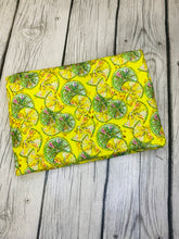 Load image into Gallery viewer, Pre-Cut Bullet Fabric Strips Summer Lemon Slices Food for headwraps, bows on nylons or clips 5.5-6x60