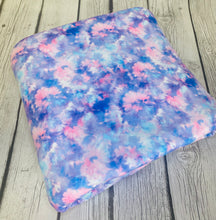 Load image into Gallery viewer, Pre-Order Bullet, DBP, Velvet and Rib Knit fabric Blue Pink Purple Pastel Paint Splat makes great bows, head wraps, bummies, and more.