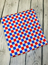 Load image into Gallery viewer, Ready to Ship DBP Fabric Blue &amp; Red Vans Inspired Fourth of July Checkered Shapes makes great bows, head wraps, bummies, and more.