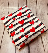 Load image into Gallery viewer, Pre-Order Bullet, DBP, Velvet and Rib Knit fabric Distressed Striped Red Hearts Valentine Shapes makes great bows, head wraps, bummies, and more.