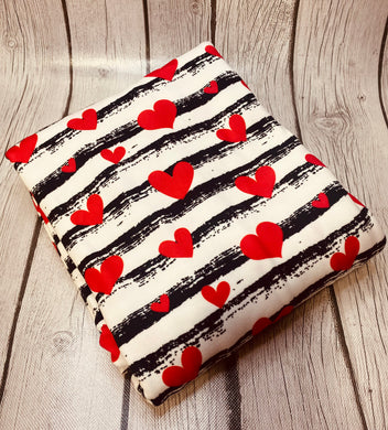 Pre-Order Bullet, DBP, Velvet and Rib Knit fabric Distressed Striped Red Hearts Valentine Shapes makes great bows, head wraps, bummies, and more.