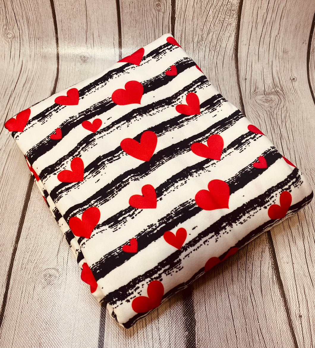 Pre-Order Bullet, DBP, Velvet and Rib Knit fabric Distressed Striped Red Hearts Valentine Shapes makes great bows, head wraps, bummies, and more.