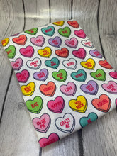 Load image into Gallery viewer, Ready to Ship Rib Knit Conversation Hearts Valentine Food Shapes makes great bows, head wraps,  bummies, and more.