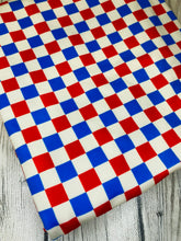 Load image into Gallery viewer, Ready to Ship DBP Fabric Blue &amp; Red Vans Inspired Fourth of July Checkered Shapes makes great bows, head wraps, bummies, and more.