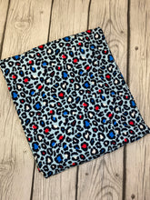 Load image into Gallery viewer, Ready to Ship DBP Fabric Light Blue Fourth of July Cheetah Animals makes great bows, head wraps, bummies, and more.