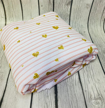 Load image into Gallery viewer, Ready to Ship Bullet Pink Stripes Gold Heart Valentine Shapes makes great bows, head wraps, bummies, and more.