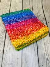 Load image into Gallery viewer, Pre-Order Bullet, DBP, Velvet and Rib Knit fabric Rainbow Faux Glitter Striped Shapes makes great bows, head wraps, bummies, and more.