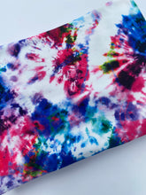 Load image into Gallery viewer, Pre-Order Bullet, DBP, Velvet and Rib Knit fabric Hot Pink and Purple Tie-Dye Paint Splat makes great bows, head wraps, bummies, and more.